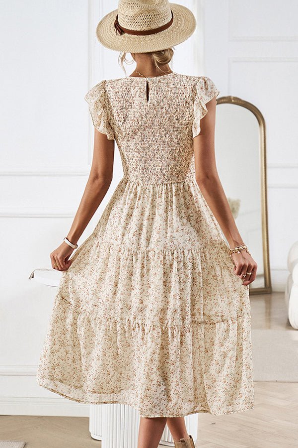 Floral Print Smocked Round Neck Casual Dress - Image 5