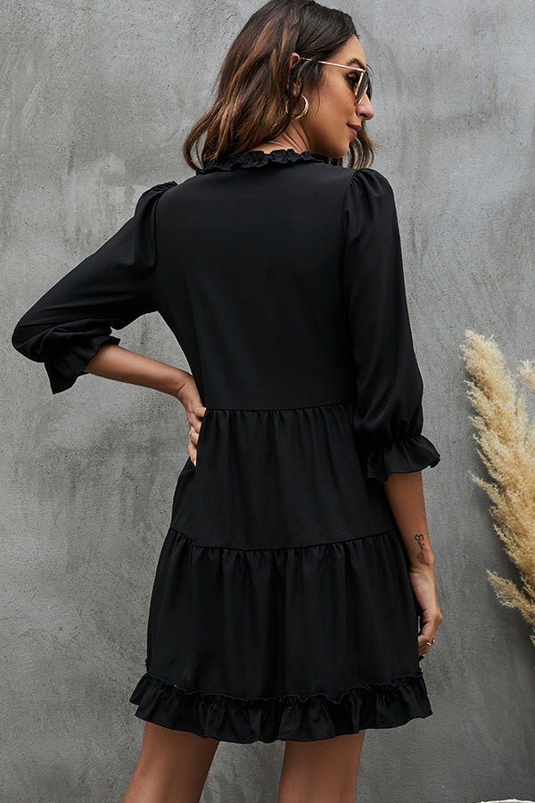 Solid Black and Ruffled V Neck Mini Dress - Image 5