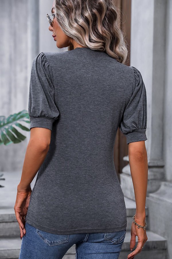 Puff Sleeve Solid Color V Neck Casual Tops - Image 6