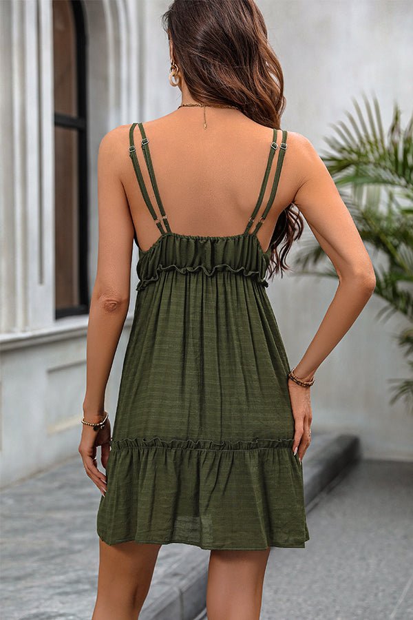 Solid Color Deep V Neck Ruffle Hem Dress - Image 5