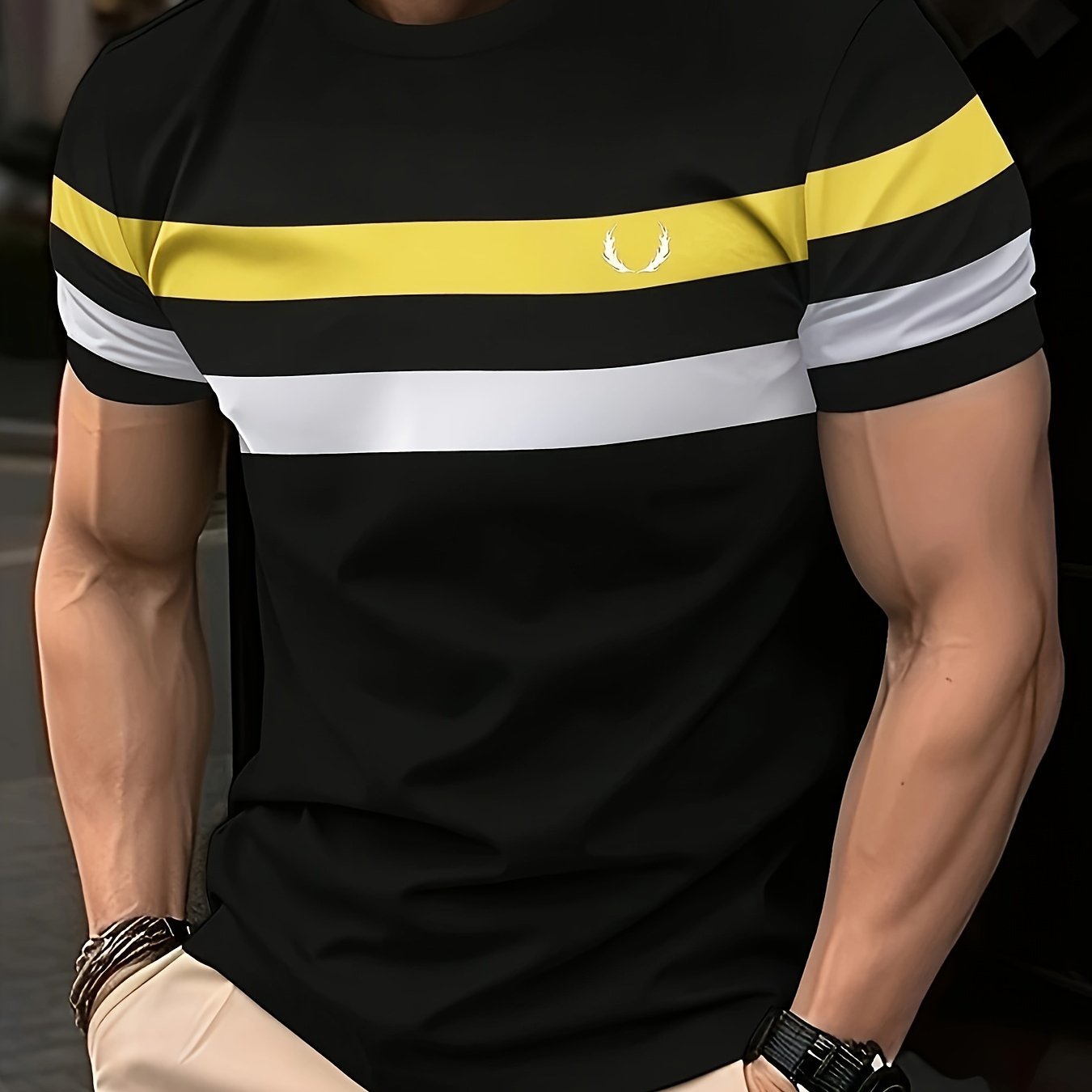 Men??s Stripe Pattern Crew Neck And Short Sleeve T-shirt, Casual And Chic Tops For Summer Outdoors Activities - Image 5