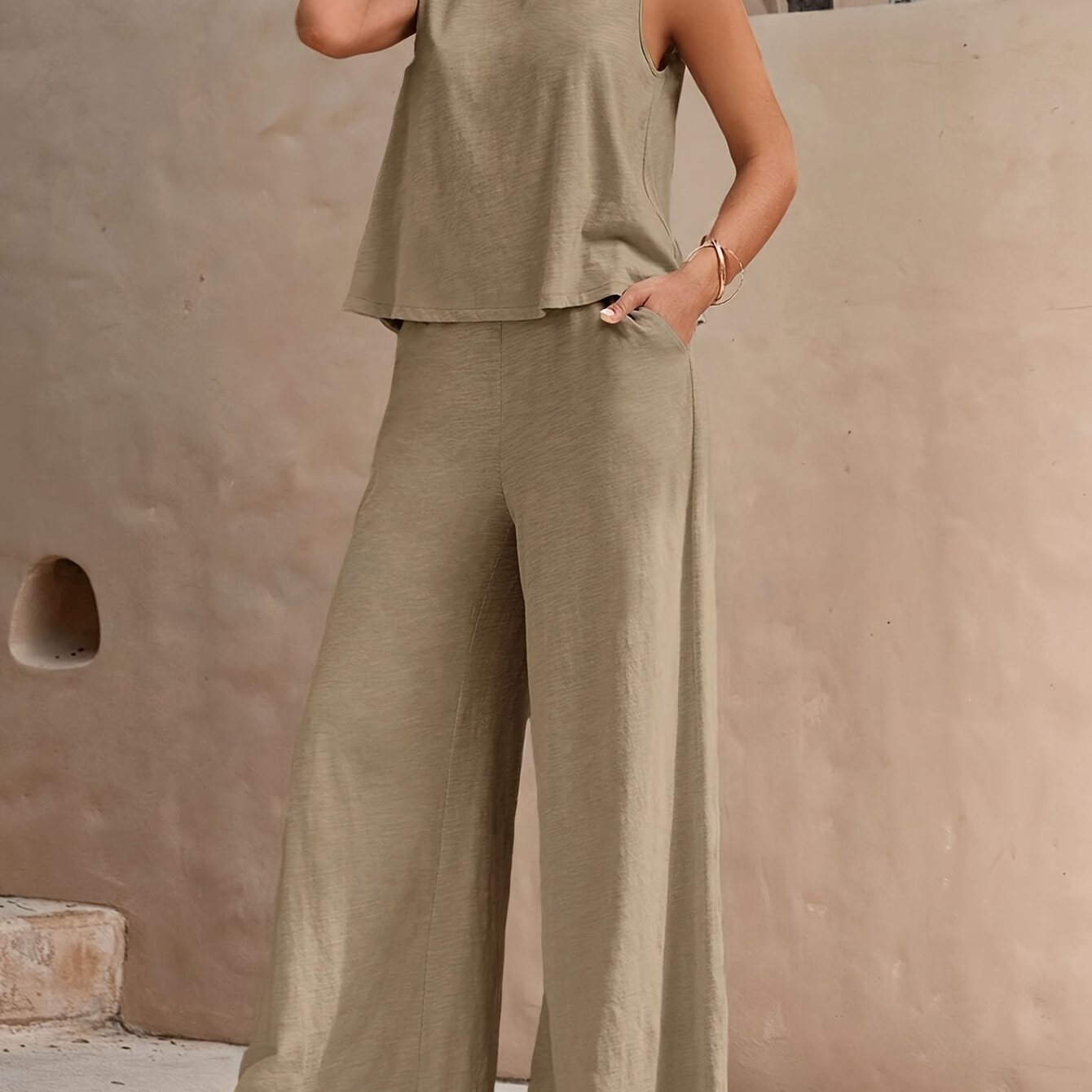 Solid Elegant Two-piece Set, Sleeveless Tank Top & Wide Leg Loose Pants Outfits, Women??s Clothing - Image 3
