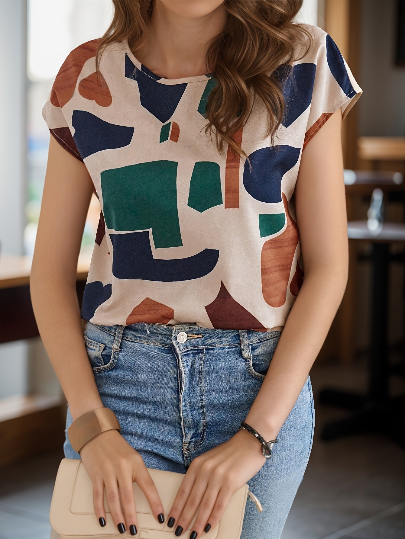Graphic Print Crew Neck Blouse, Casual Short Sleeve Blouse For Spring & Summer, Women??s Clothing