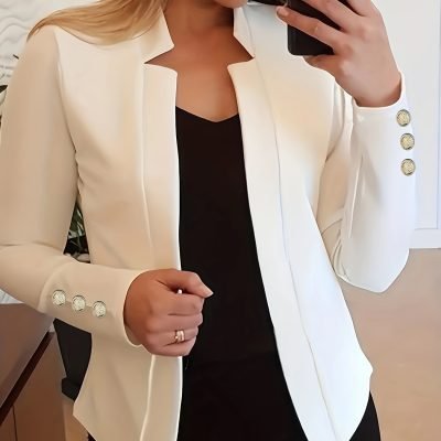 Solid Open Front Blazer, Casual Long Sleeve Button Blazer For Office & Work, Women??s Clothing
