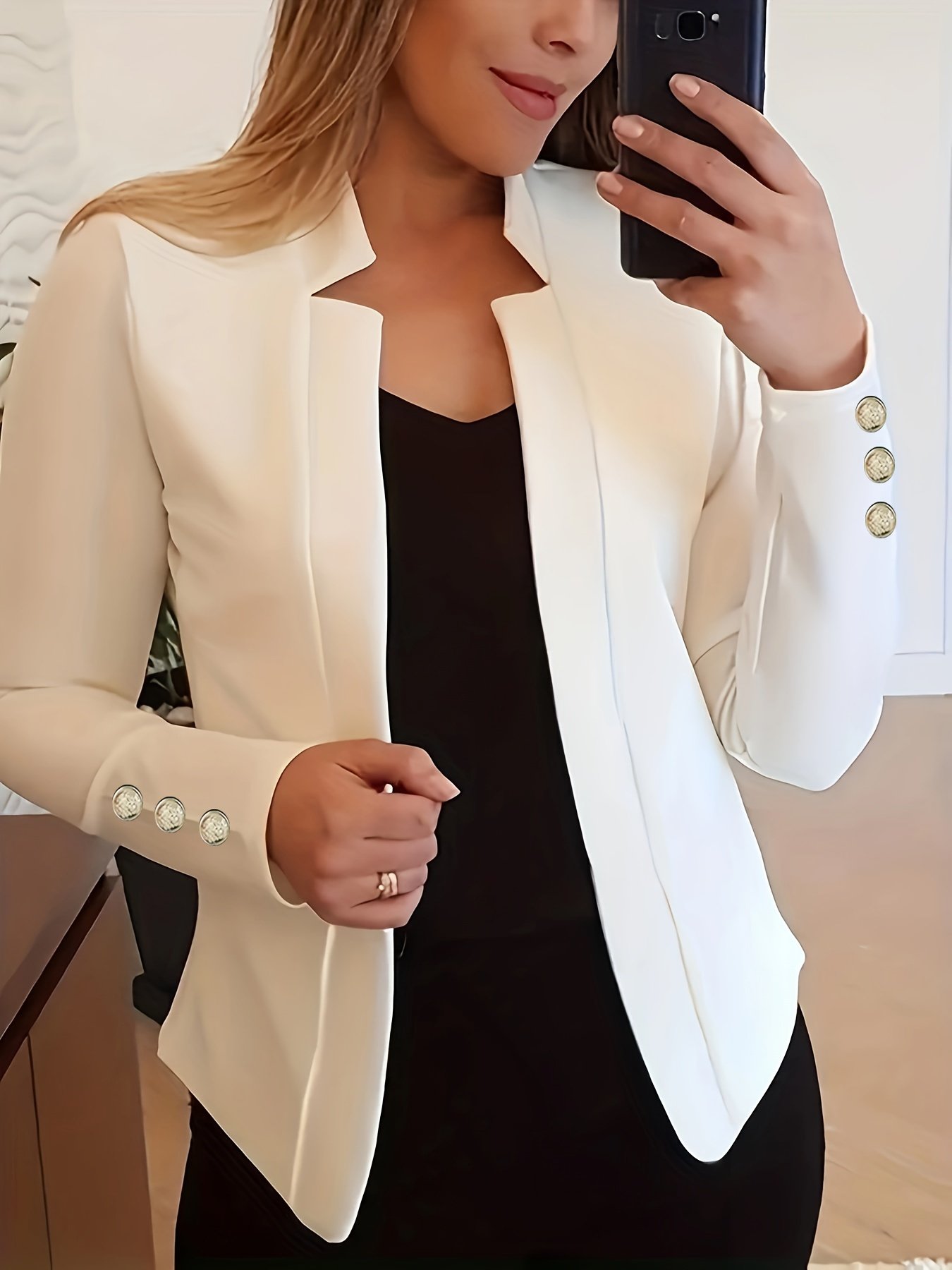 Solid Open Front Blazer, Casual Long Sleeve Button Blazer For Office & Work, Women??s Clothing