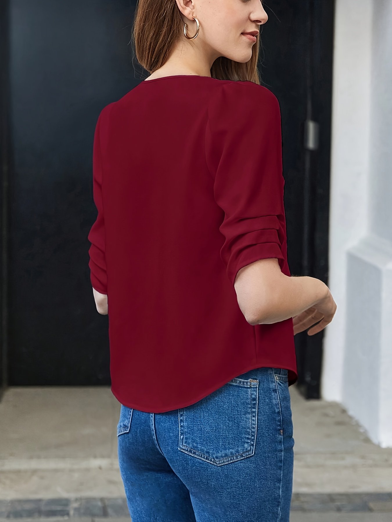 Solid Color Notched Neck Blouse, Elegant Half Sleeve Blouse For Spring & Fall, Women??s Clothing - Image 3