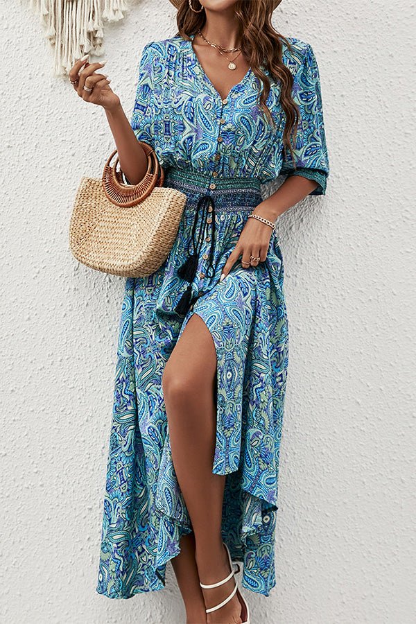 Bohemia Print Long Sleeve Tie Waist Maxi Dress