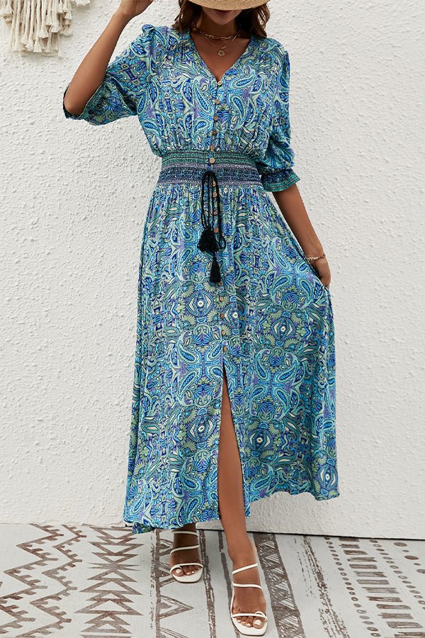 Bohemia Print Long Sleeve Tie Waist Maxi Dress - Image 2