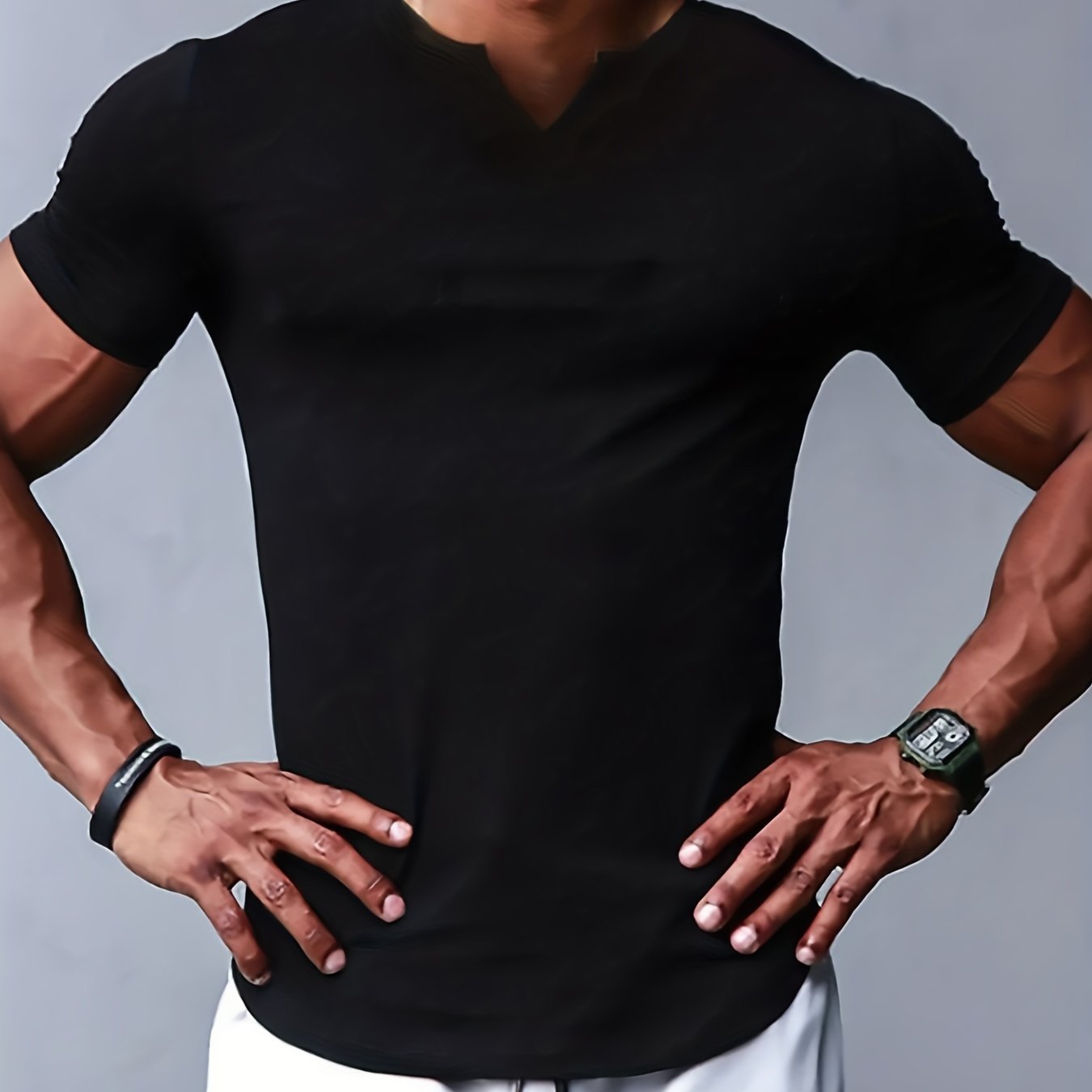 Solid Color Men??s Comfy V-Neck Medium Stretch T-shirt, Men??s Summer Clothes, Men??s Outfits - Image 2