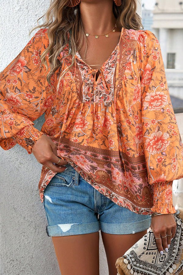 Floral Print Long Sleeve V Neck Casual Tops - Image 3