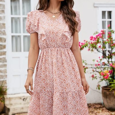 Ruffled Floral Print Short Sleeves Midi Dress
