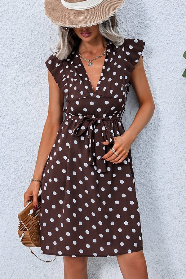 Dots Print V Neck Tie Waist Dress