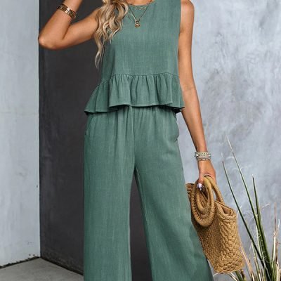 Ruffle Hem Solid Two Pieces Set