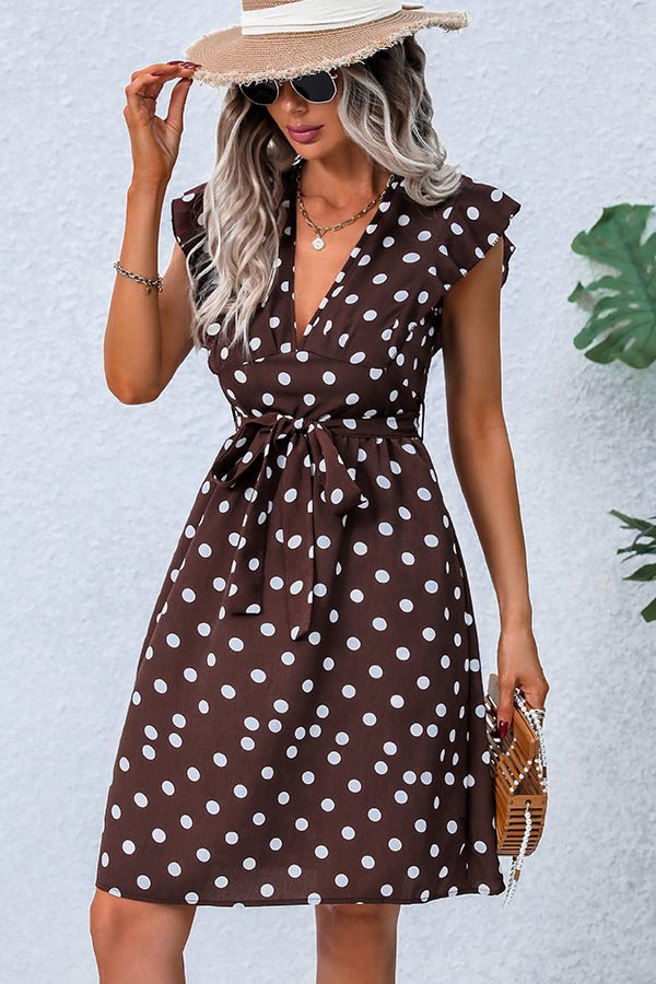 Dots Print V Neck Tie Waist Dress - Image 4