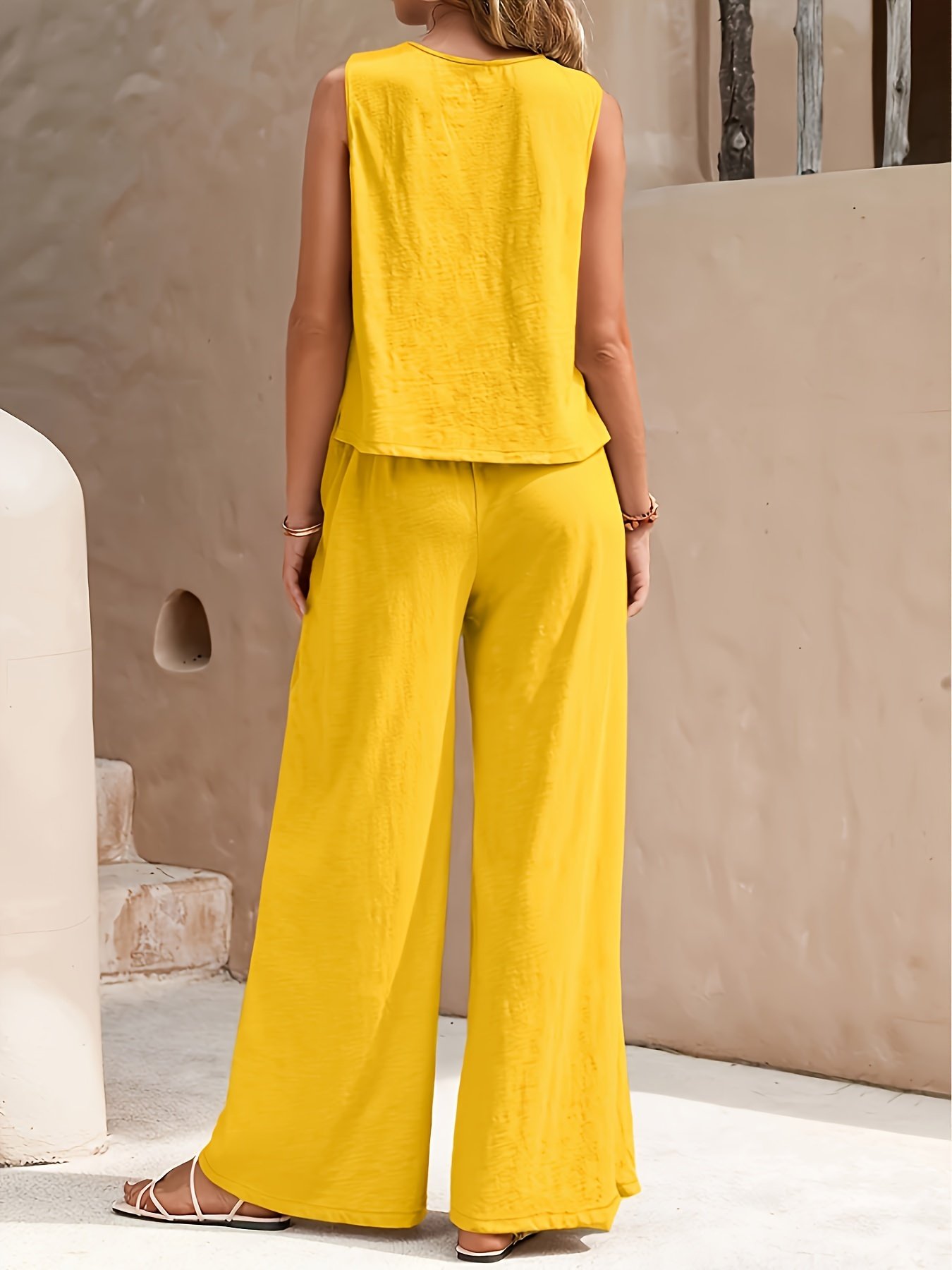 Solid Elegant Two-piece Set, Sleeveless Tank Top & Wide Leg Loose Pants Outfits, Women??s Clothing - Image 5