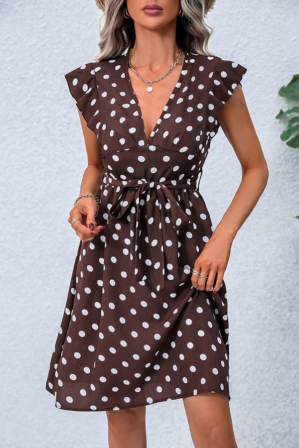 Dots Print V Neck Tie Waist Dress - Image 3