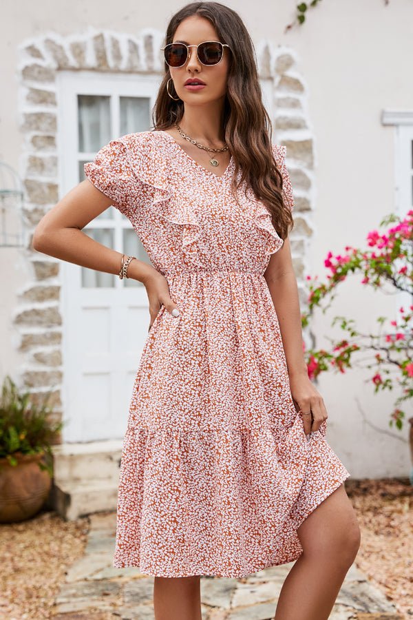 Ruffled Floral Print Short Sleeves Midi Dress - Image 3