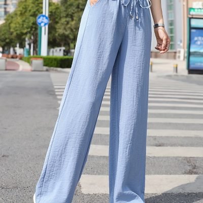 Minimalist Solid Drawstring Pants, Casual Long Length Elastic Waist Wide Leg Pants, Women??s Clothing