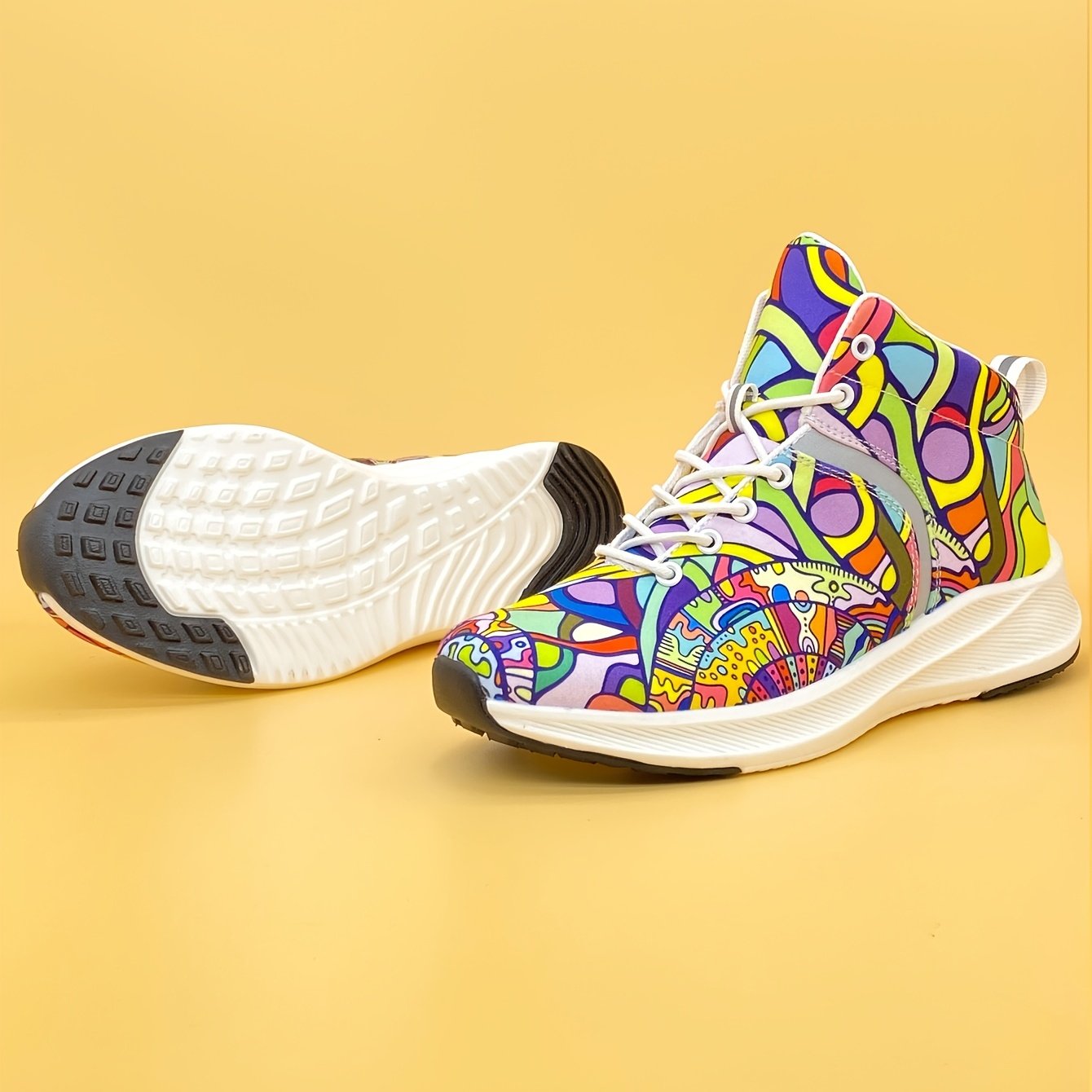 Women??s Graffiti Print High-Top Lace-Up Sneakers, Reflective Safety Straps Detail Sneakers, Women??s Footwear - Image 4