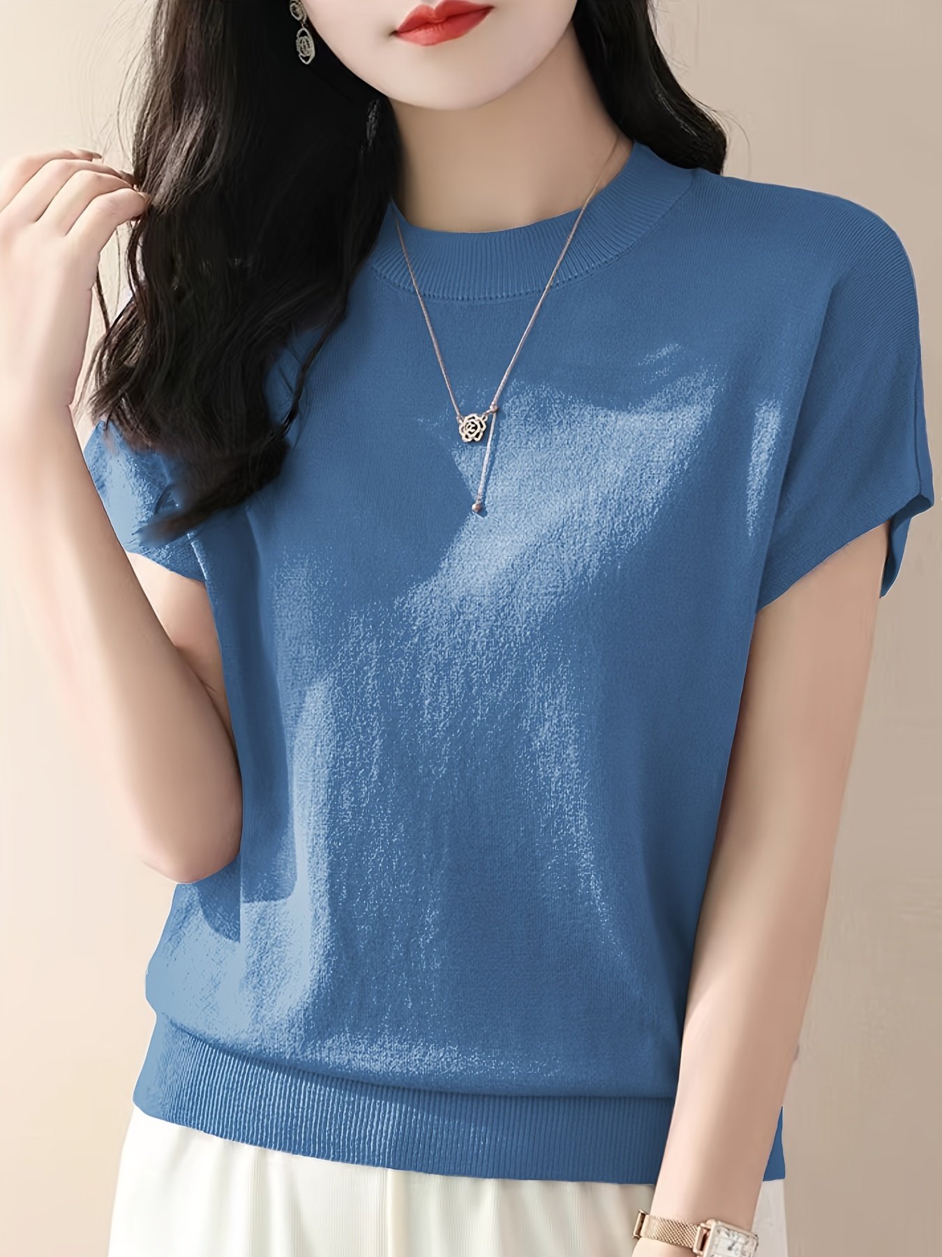 Solid Color Crew Neck Pullover Sweater, Casual Short Sleeve Ribbed Knitted Sweater For Every Day, Women??s Clothing