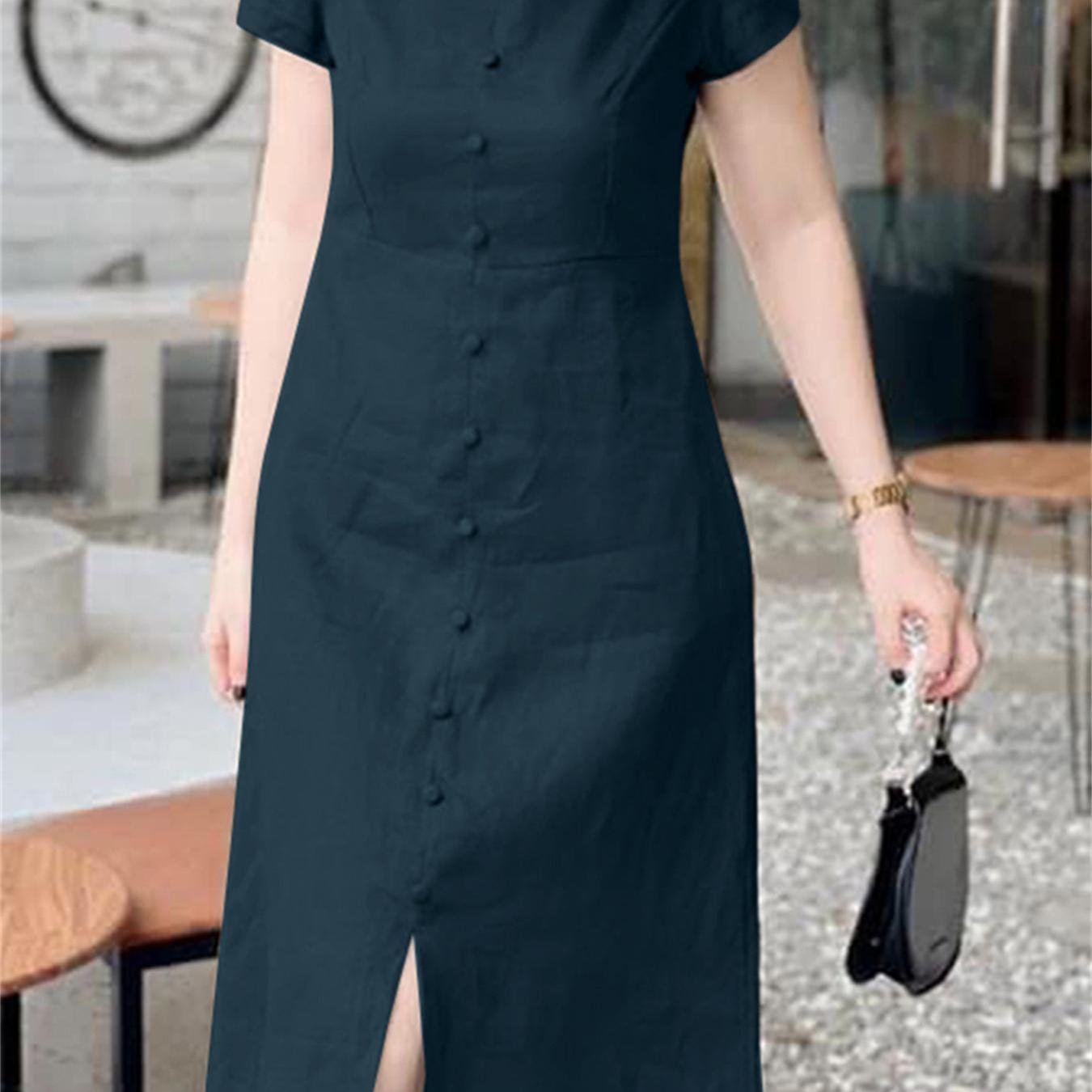 Solid Color Notched Neck Dress, Casual Short Sleeve Button Front Split Dress For Spring & Summer, Women??s Clothing - Image 4