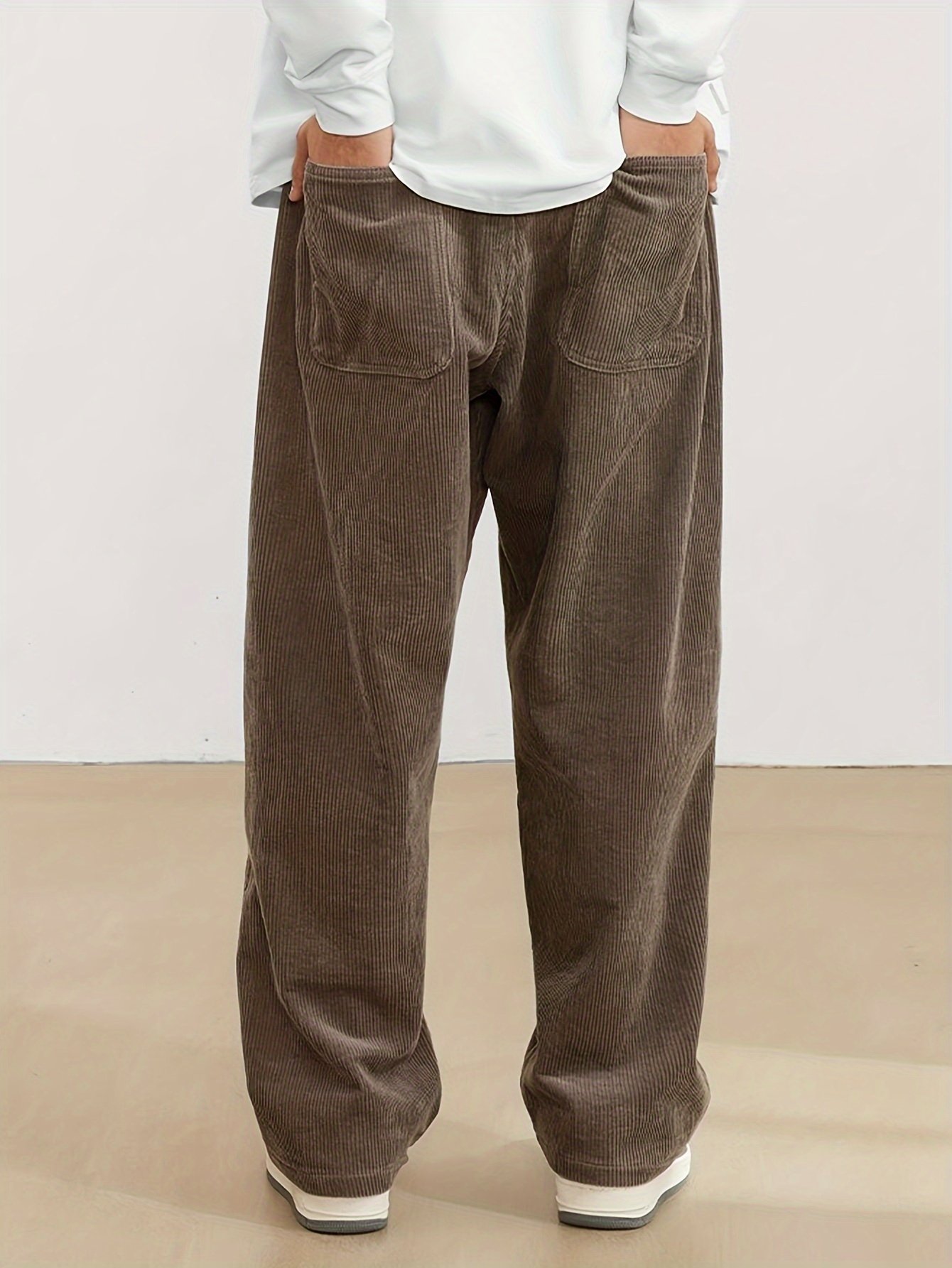 Men??s Loose-Fit Corduroy Casual Pants With Pockets In Solid Color, Breathable Straight-Leg Drawstring Trousers For Urban Streetwear And Outdoor Activities, Casual Style - Image 7