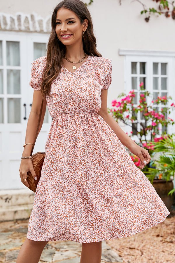 Ruffled Floral Print Short Sleeves Midi Dress - Image 2