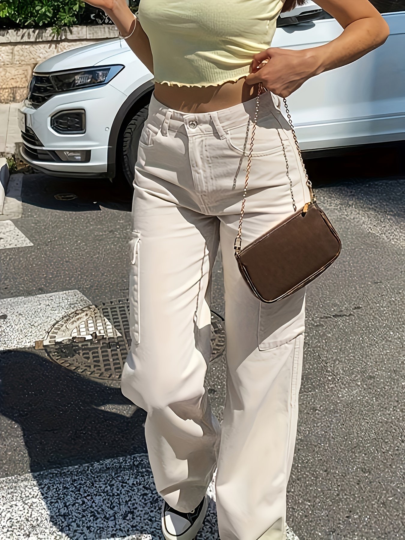 Flap Pockets Wide Leg Cargo Pants, Casual High Waist Loose Pants For Spring & Summer, Women??s Clothing - Image 5