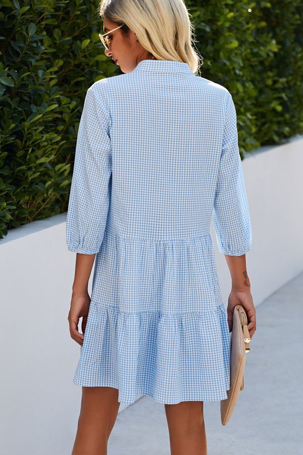 Plaid Print Button Up Split Neck Tunic Dress - Image 4