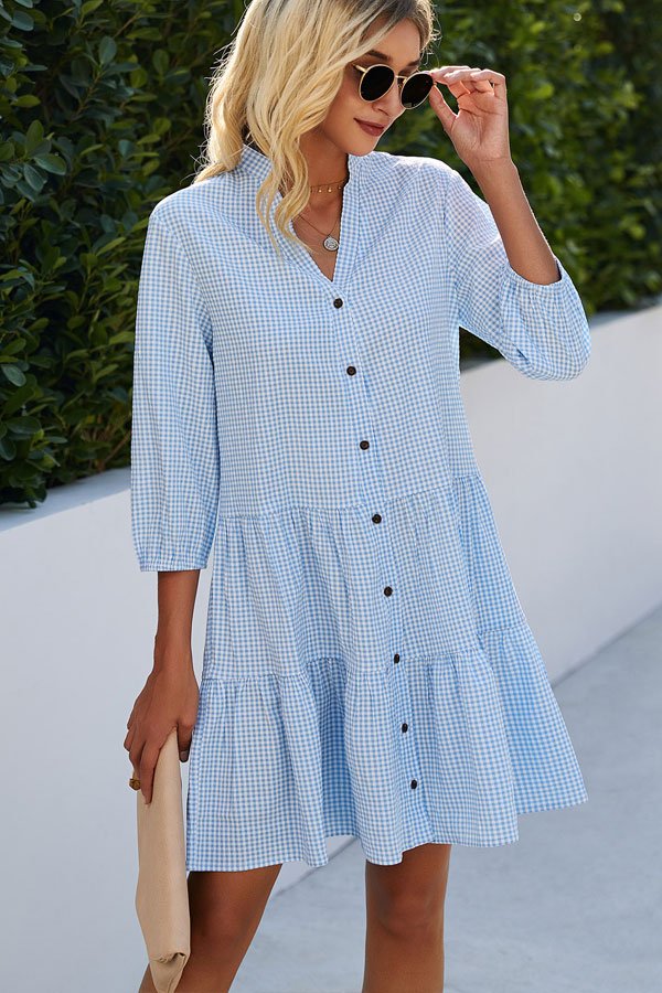 Plaid Print Button Up Split Neck Tunic Dress - Image 2