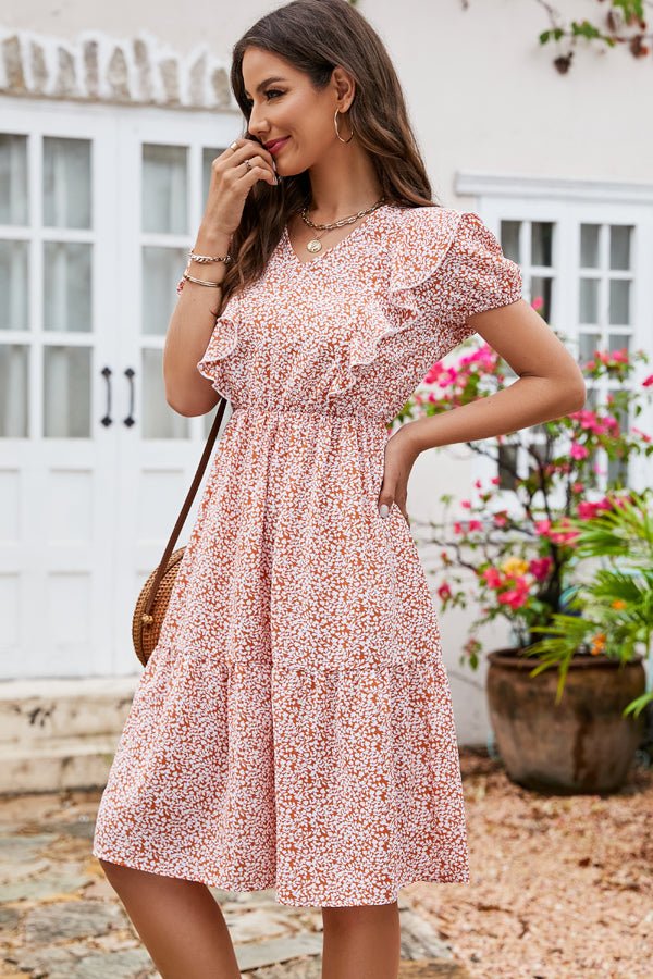 Ruffled Floral Print Short Sleeves Midi Dress - Image 4