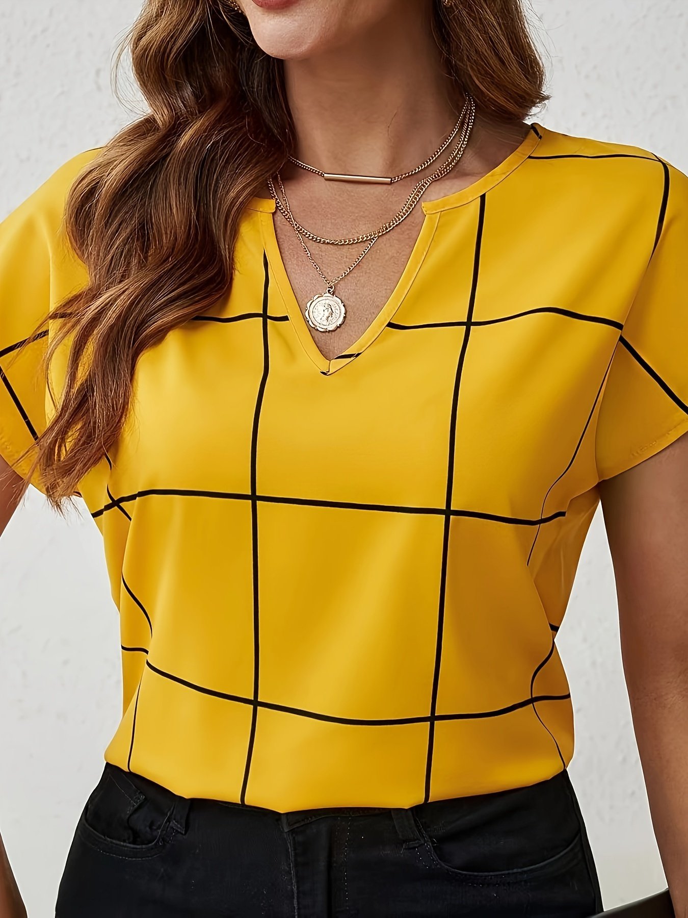 Plaid Print Notched Neck Blouse, Casual Short Sleeve Blouse For Spring & Summer, Women??s Clothing