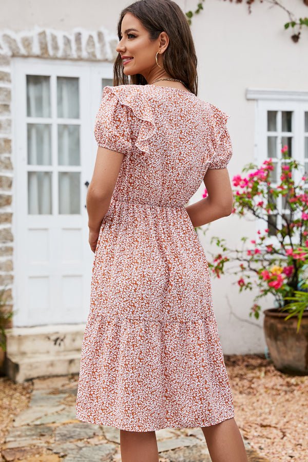 Ruffled Floral Print Short Sleeves Midi Dress - Image 5