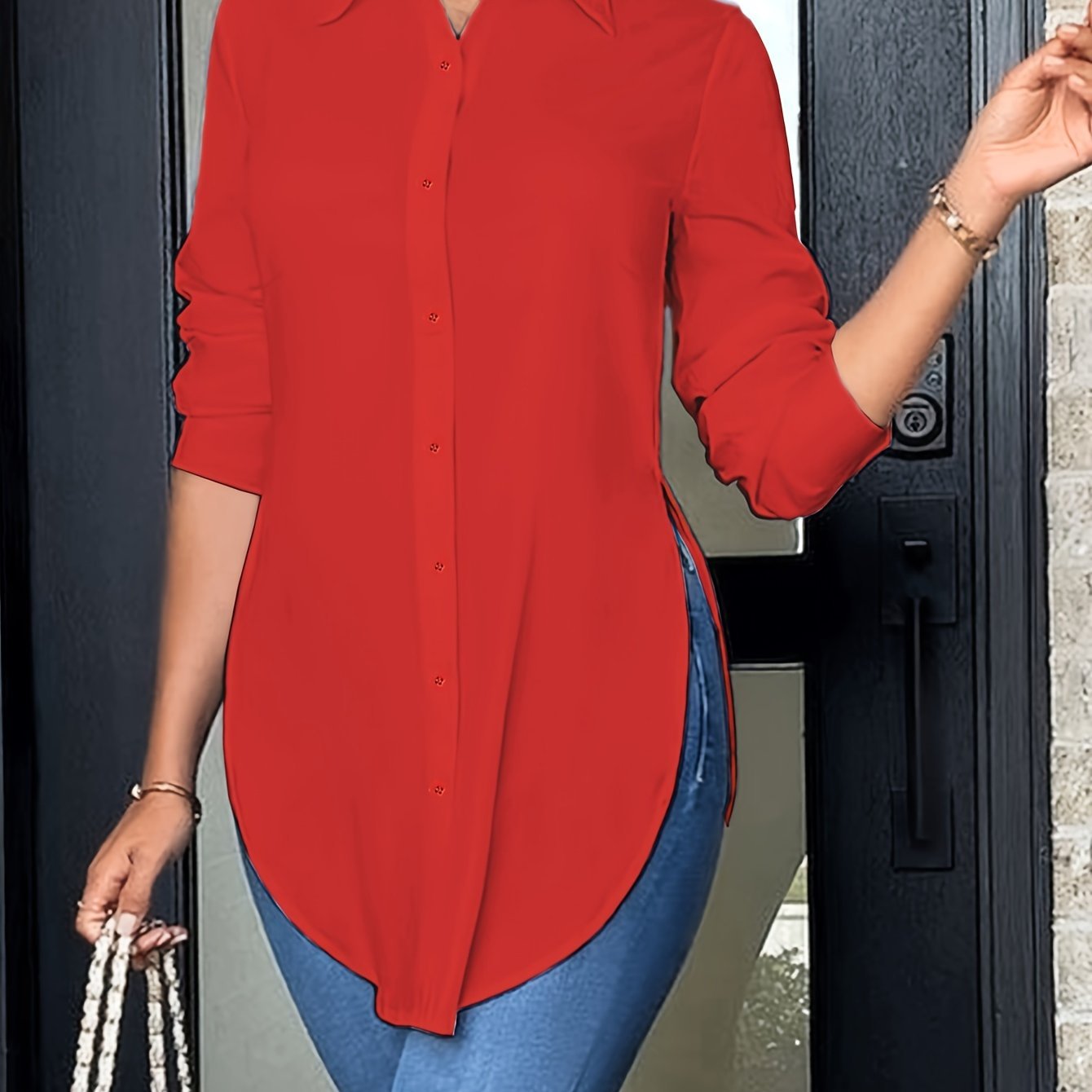 Split Button Front Shirt, Casual Long Sleeve Curved Hem Shirt, Women??s Clothing - Image 3