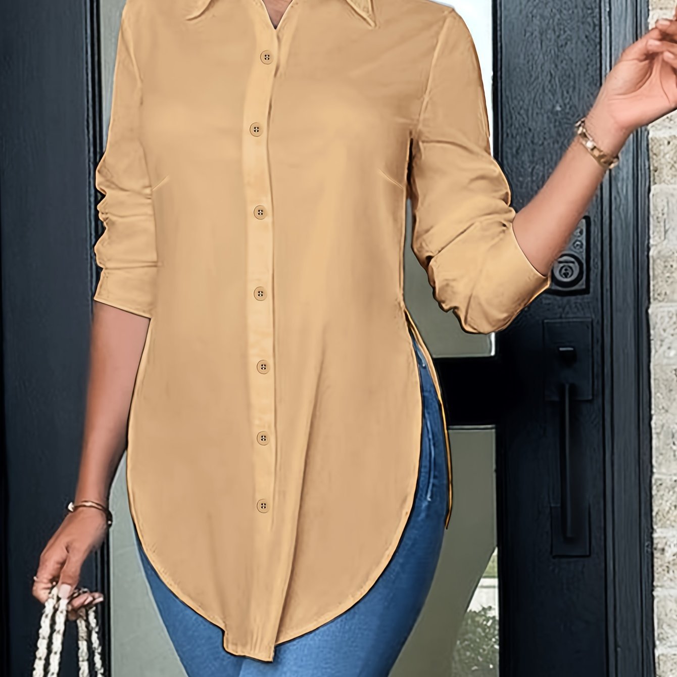 Split Button Front Shirt, Casual Long Sleeve Curved Hem Shirt, Women??s Clothing - Image 4