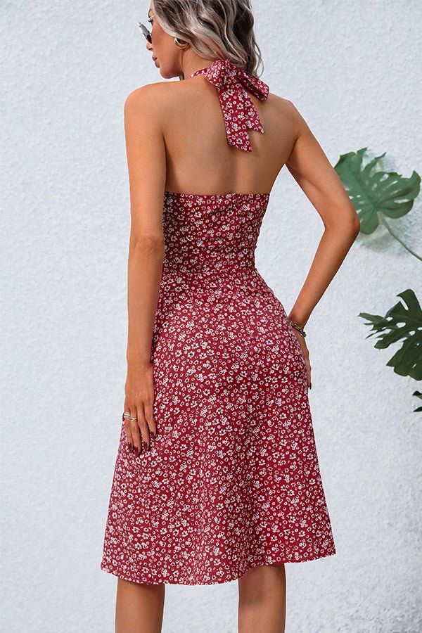 Fashion V Neck Floral Print Halter Neck Dress - Image 5