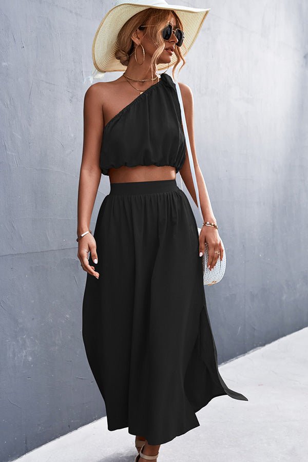 Solid Color Tie Shoulder Slid Two Pieces Dress - Image 2