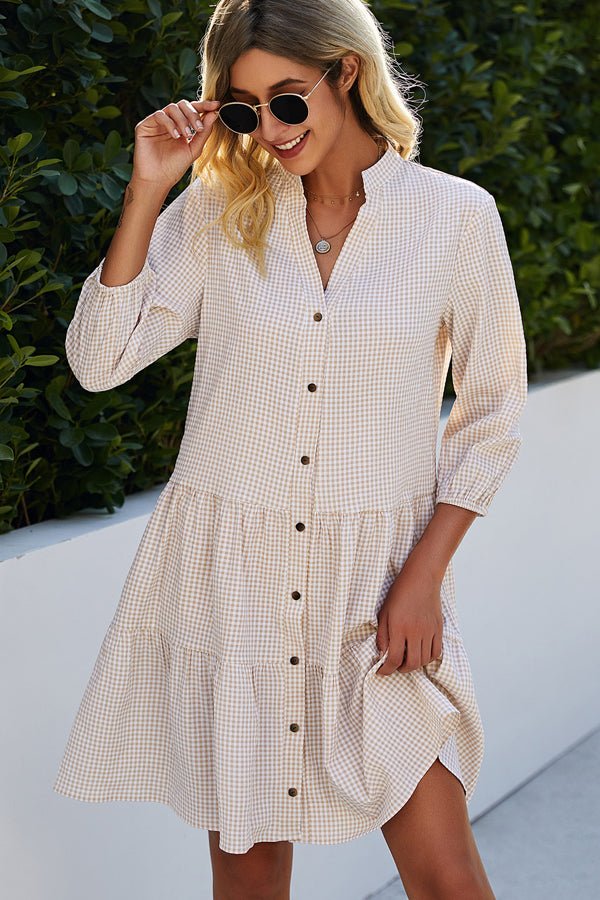 Split Neck Plaid Print Button Up Tunic Dress - Image 2