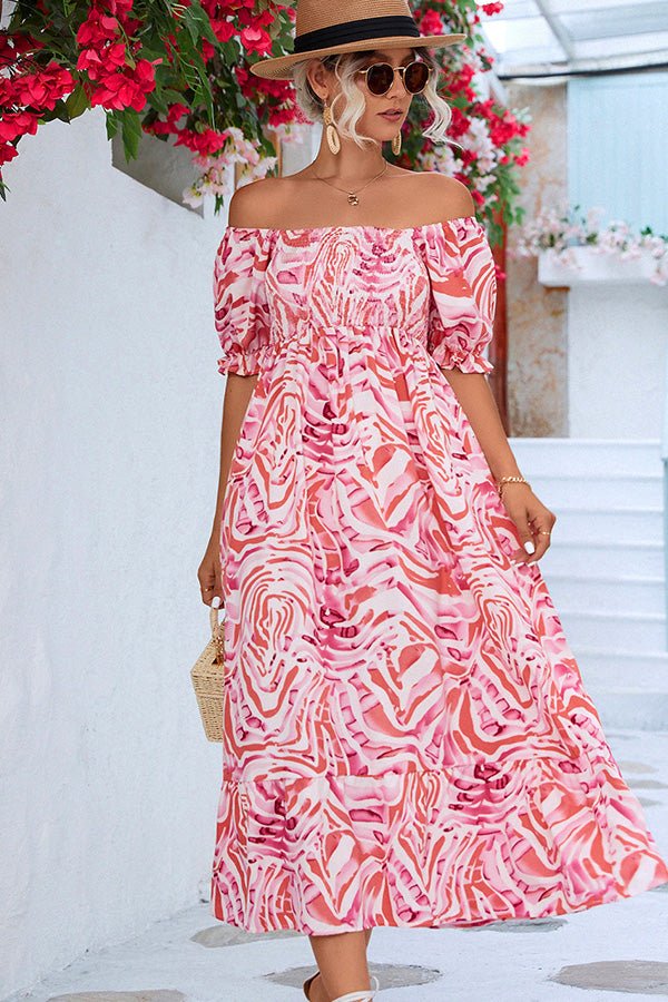 Smocked Print Off The Shoulder Midi Dress - Image 3