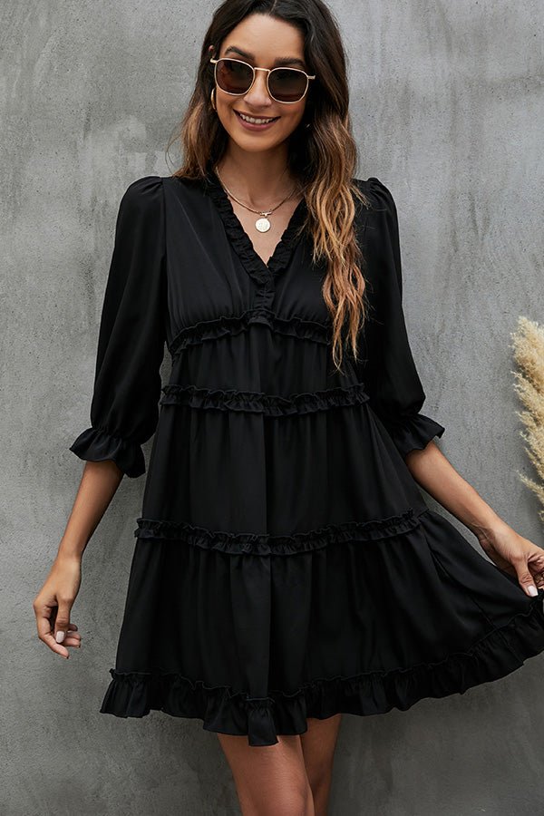 Solid Black and Ruffled V Neck Mini Dress - Image 2