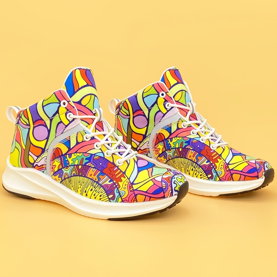 Women??s Graffiti Print High-Top Lace-Up Sneakers, Reflective Safety Straps Detail Sneakers, Women??s Footwear - Image 7