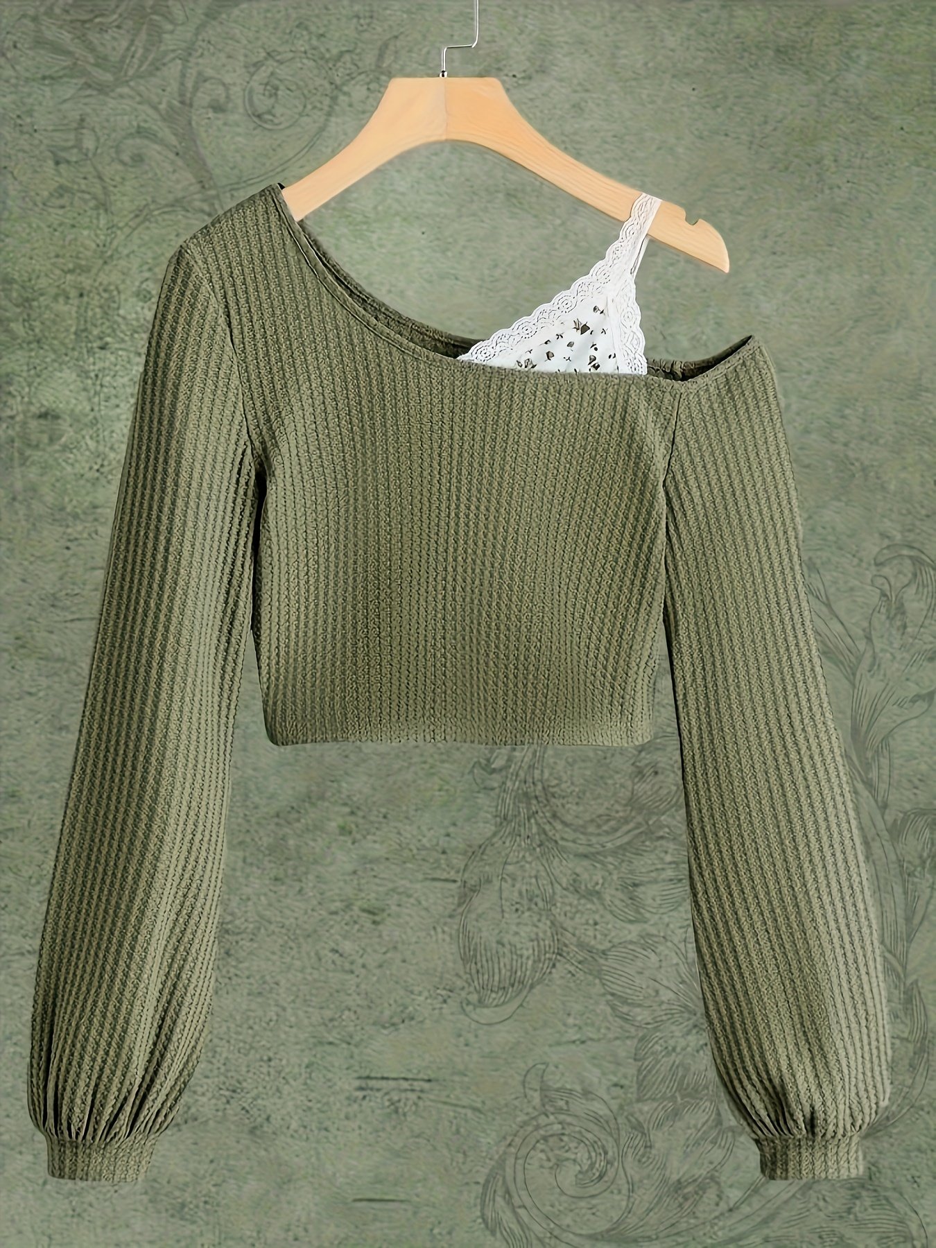 Cold Shoulder Contrast Lace T-shirt, Elegant Long Sleeve T-shirt, Women??s Clothing - Image 3