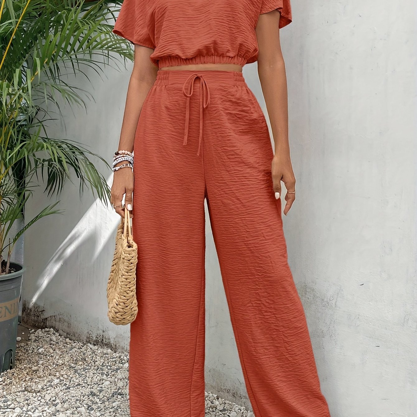 Solid Color Summer & Spring Casual Two-piece Set, Batwing Sleeve Crop Top & Tie Front Pants Outfits, Women??s Clothing - Image 2