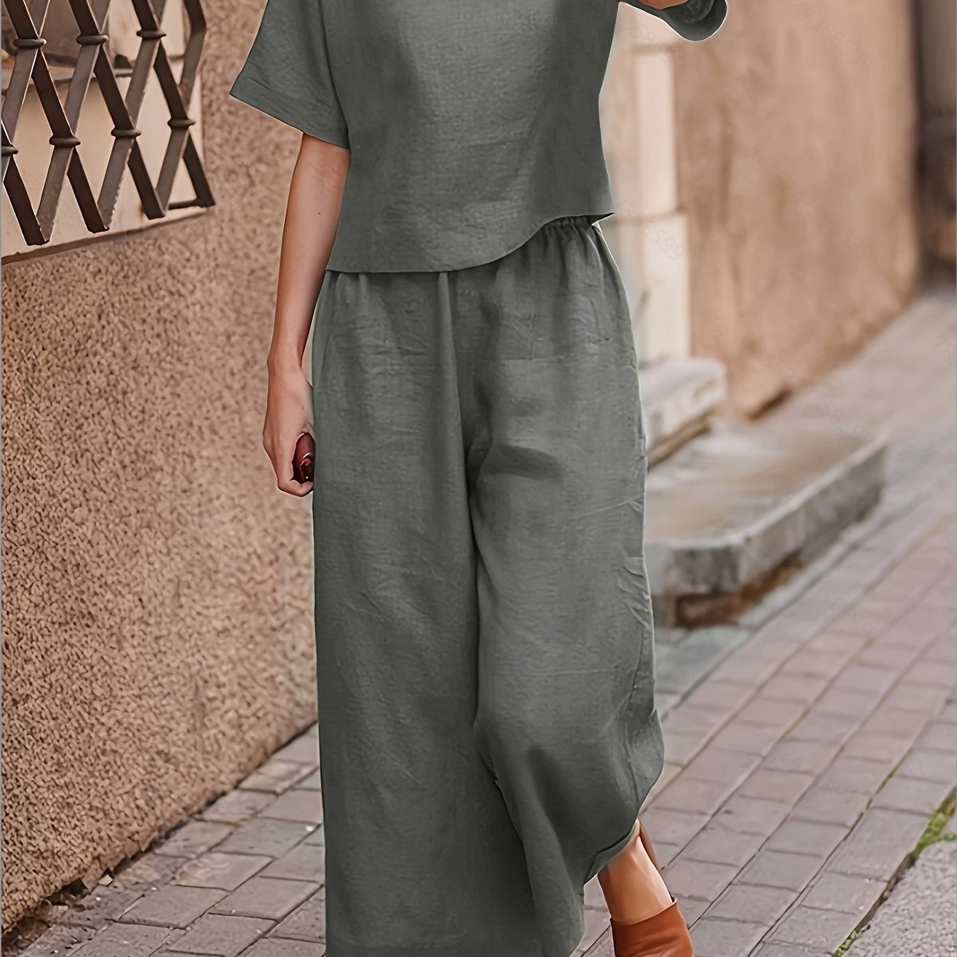 Solid Two-piece Set, Crew Neck Casual T-Shirt & Wide Leg Pants, Women??s Clothing - Image 6