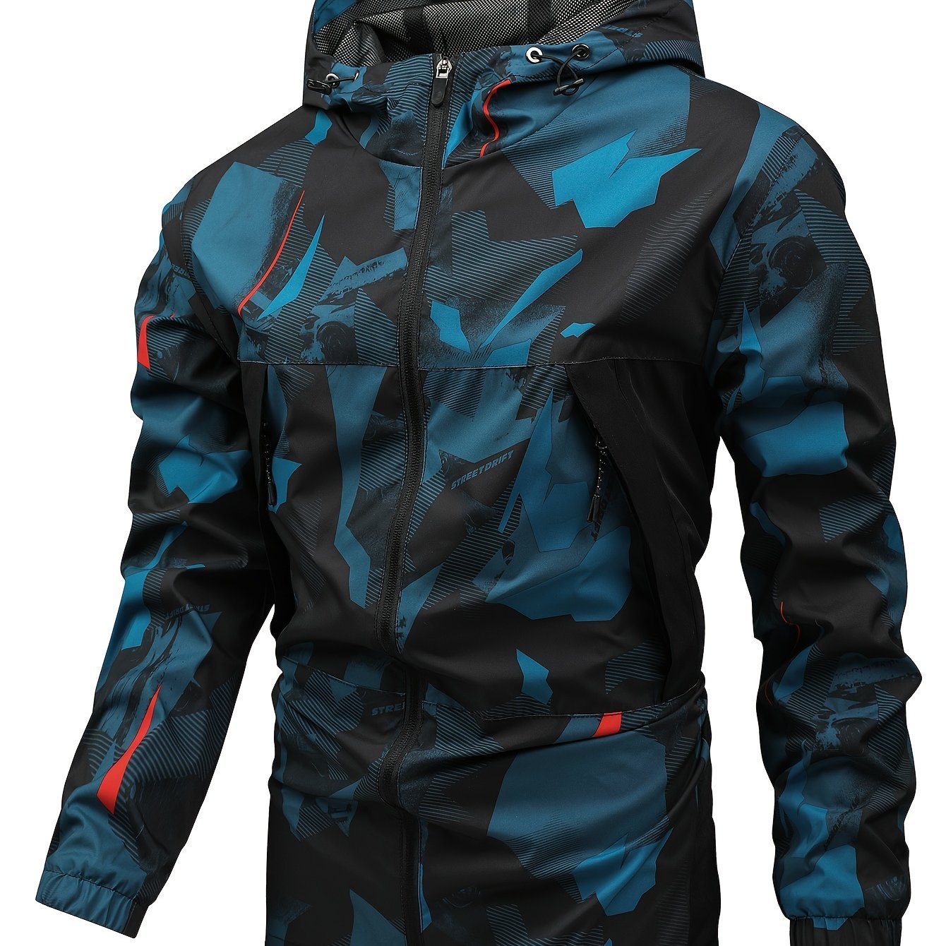 Geometric Pattern Design Men??s Color Blocked Zip Up Hooded Indbreaker, Suitable For Outdoor Hiking, Camping And Travel In All Seasons - Image 2