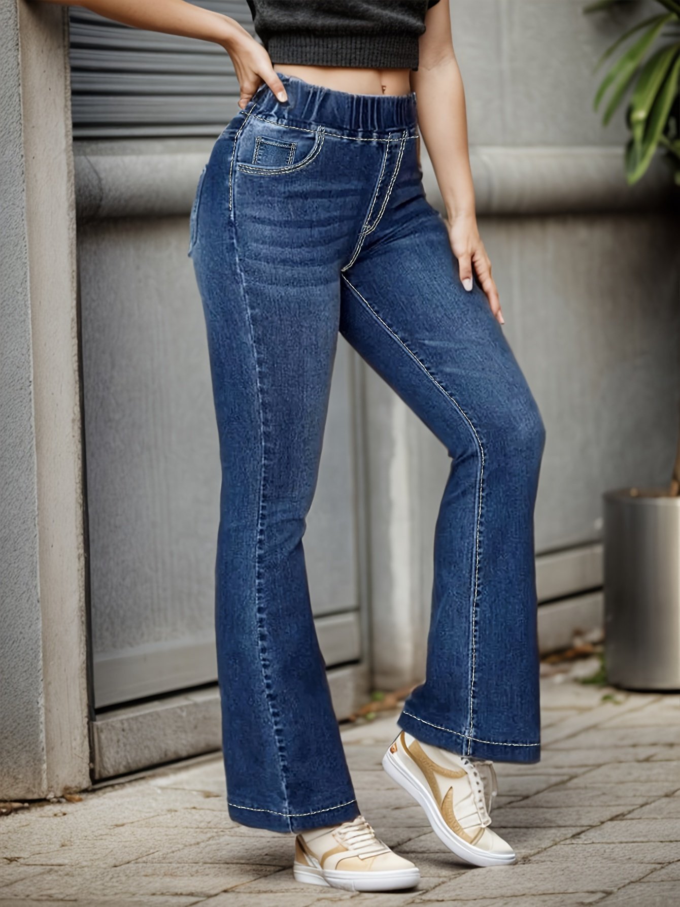 Elastic Waist Bell Bottom Jeans, Slash Pocket Fashion Casual Denim Pants, Women??s Denim Jeans & Clothing - Image 5