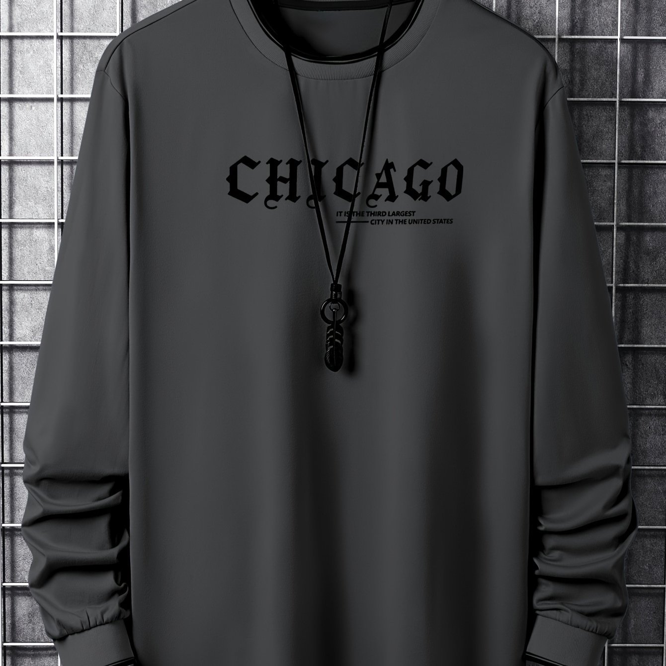CHICAGO Print Men??s Street Daily Long Sleeve High Stretch T-shirt, Spring Fall Outdoor, Men??s Clothing - Image 4