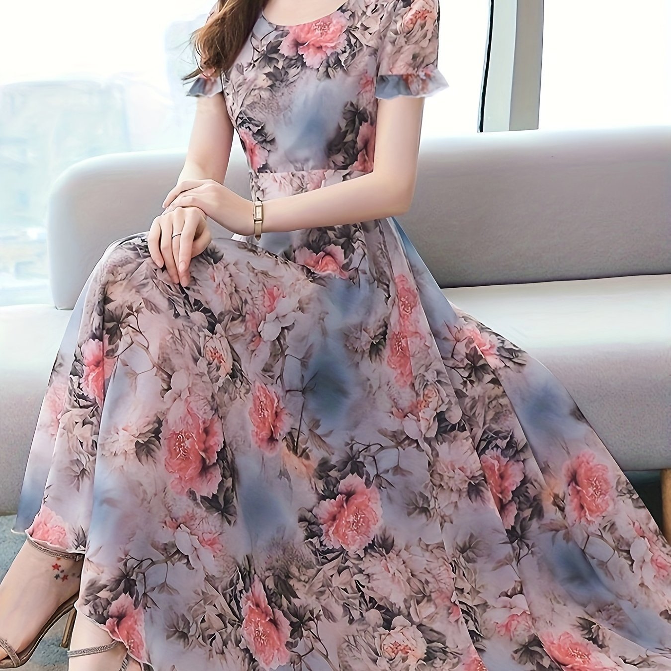Floral Print Crew Neck Dress, Elegant Short Sleeve Dress For Spring & Summer, Women??s Clothing For Elegant Dressing - Image 3
