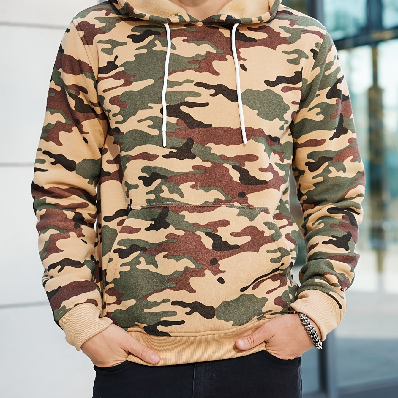 Men??s Camo Loose Pullover Hooded Fleece Sweatshirt For Autumn And Winter - Image 4