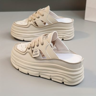 Women??s Breathable Platform Mule Sneakers, Casual Cutout Design Lace Up Shoes, Comfortable Summer Shoes
